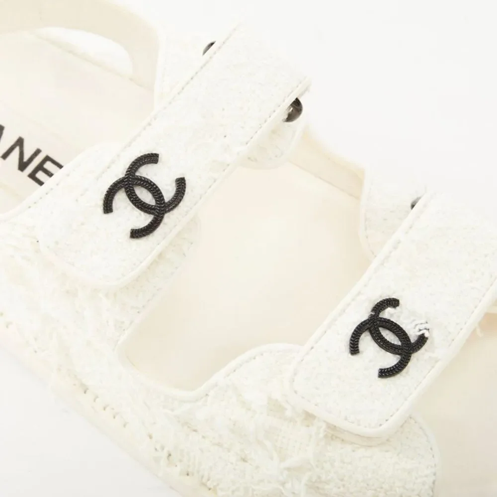 Chanel 2021 White Tweed Dad Sandals